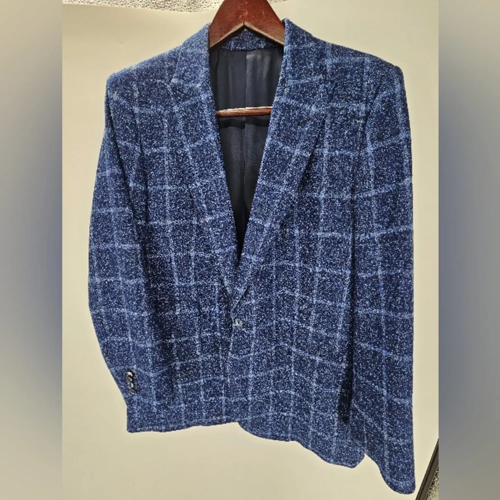 Elevee Suit Jacket Blazer Coat 44L BLUE WINDOWPANE Plaid Bespoke Custom - Picture 9 of 10